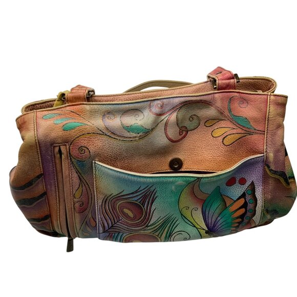 Anuschka Painted Butterfly Leather Hobo Shoulder Bag Zip Top Purse Dual Straps - Picture 13 of 16